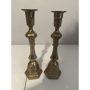 Vintage Pair Faceted Brass Candlesticks Patina
